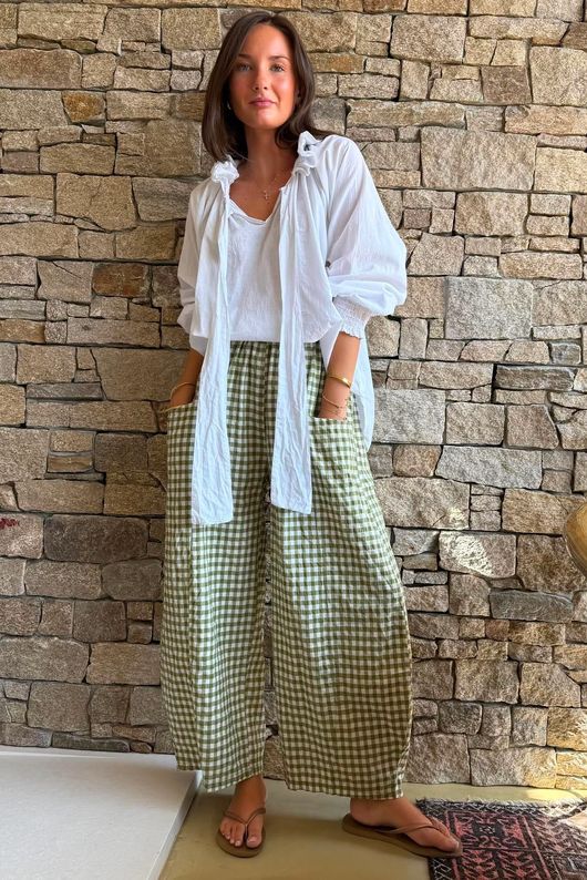 Nonni Gingham Relaxed Barrel Pant Olive